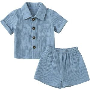 Toddler 2T-3T Blue Button-Up Shirt and Shorts Set